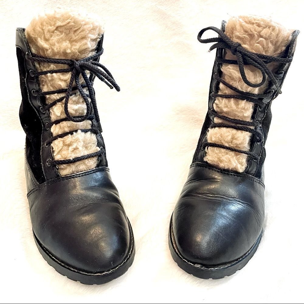 Vintage Romanian Black Leather & Shearling Boots